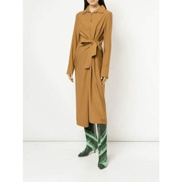 Tibi Caramel Brown Viscose Twill Tie Waist Midi Shirt Dress Women's Small - Picture 1 of 7